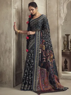 Charcoal Black Woven Organza Brasso Saree