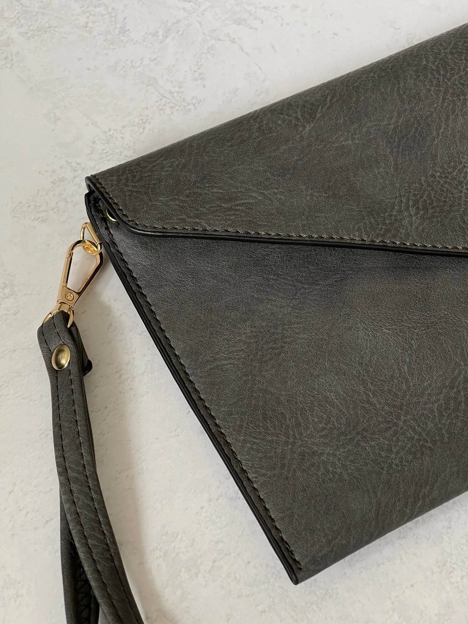 DARK GREY OVER-SIZED ENVELOPE CLUTCH BAG WITH LONG CROSS BODY AND WRISTLET STRAP