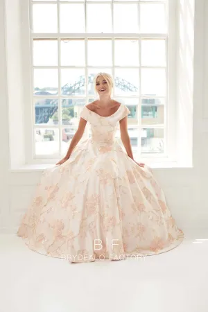 Designer Brocade Off-Shoulder Pearl Pink Vintage Wedding Gown