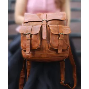 KomalC Leather Backpack Rucksack Travel Laptop Camping School College Bag for Men Women (Light Tan)