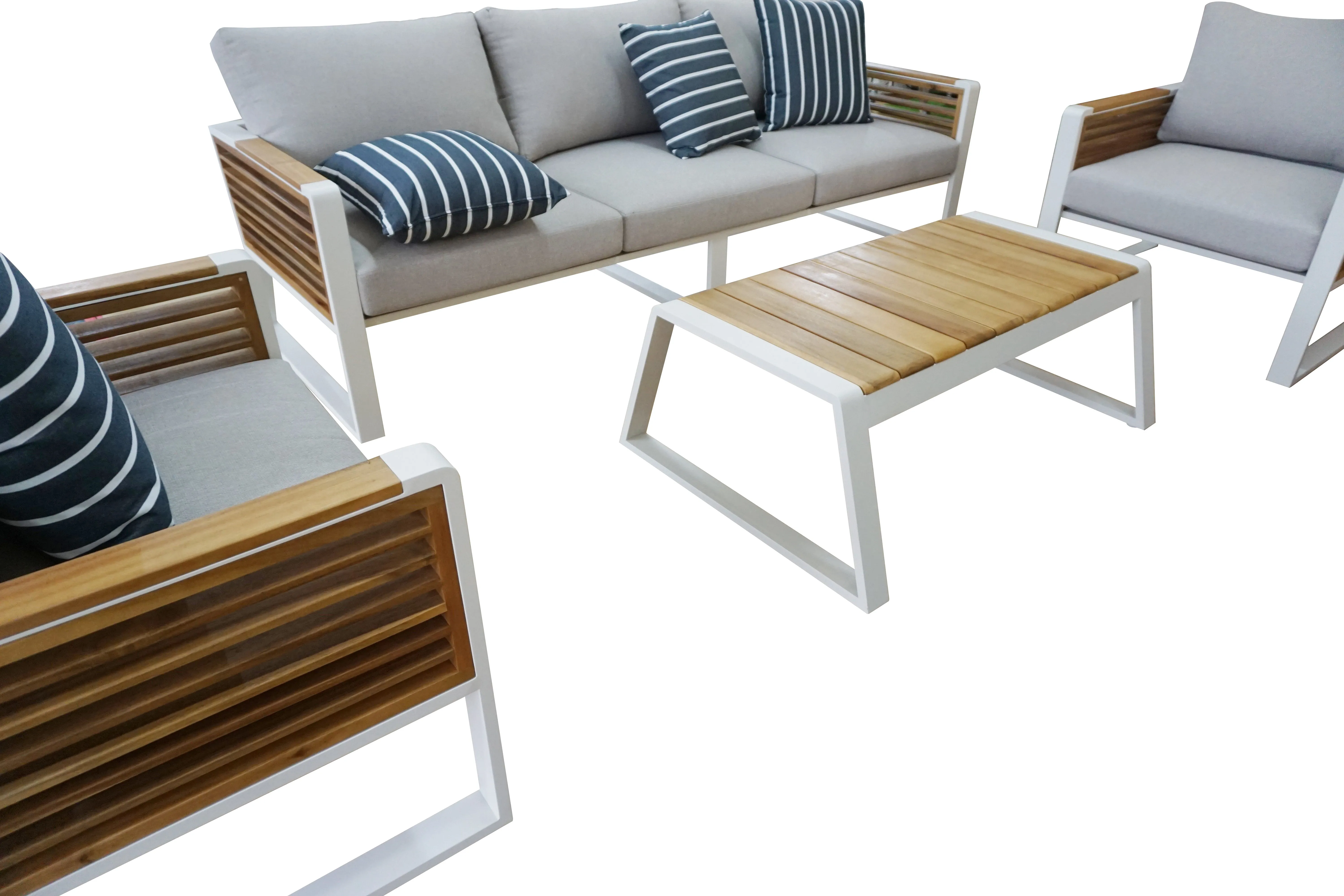 Morlaix 4 Piece Hampton Style Designer Outdoor Lounge Set: White Aluminium, Acacia Wood, Table & Cushions