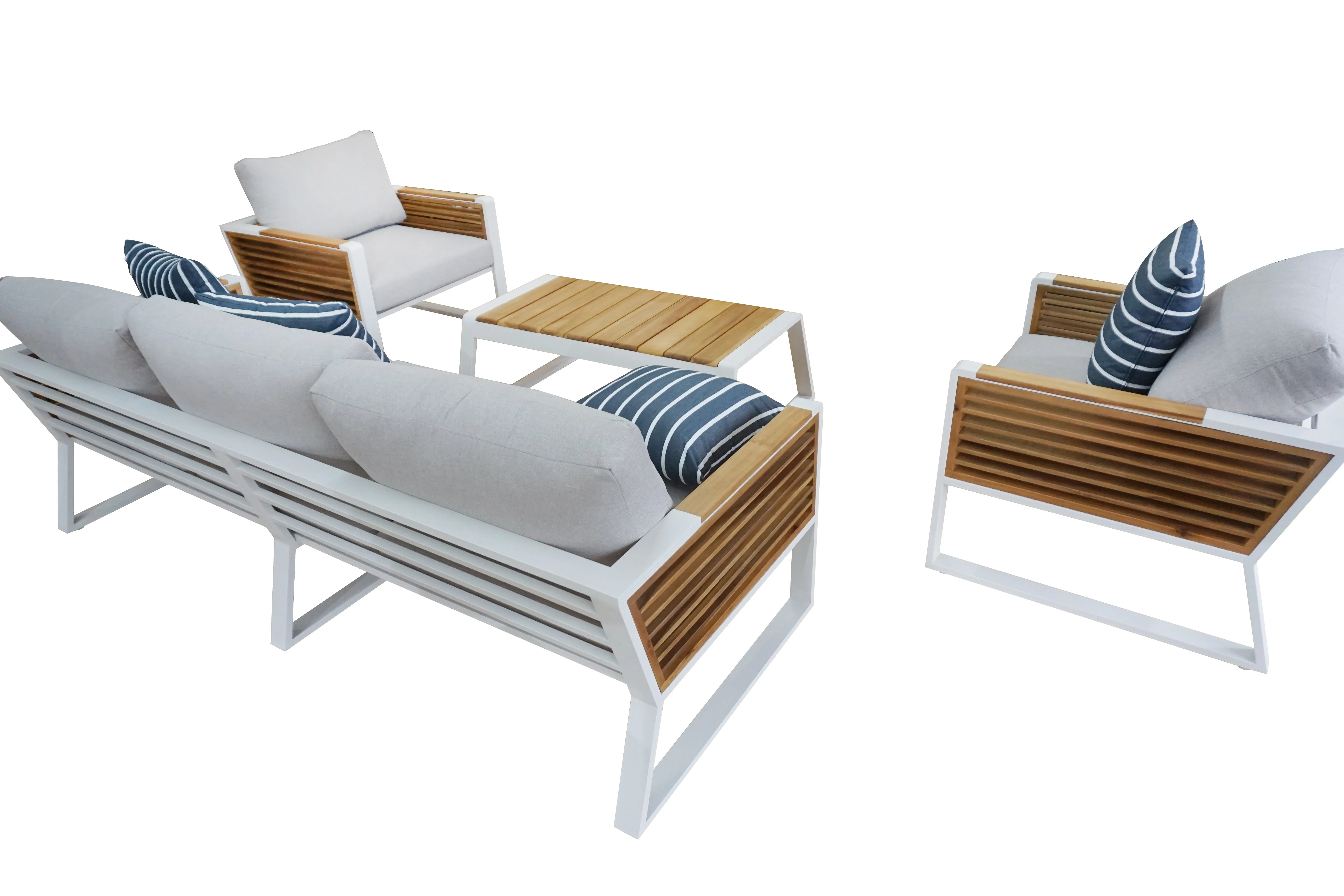 Morlaix 4 Piece Hampton Style Designer Outdoor Lounge Set: White Aluminium, Acacia Wood, Table & Cushions