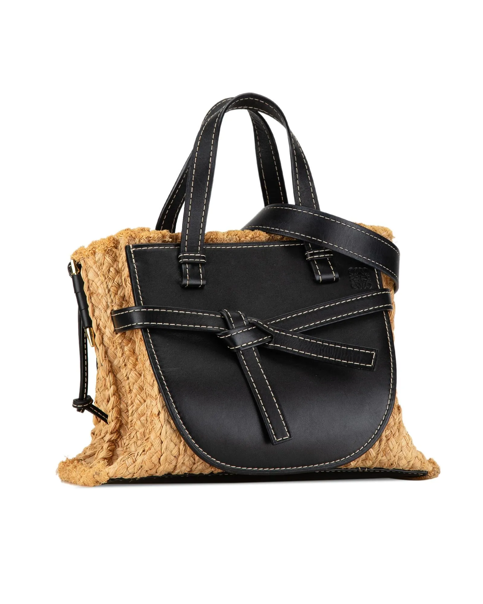 Raffia and Leather Gate Top Handle Bag